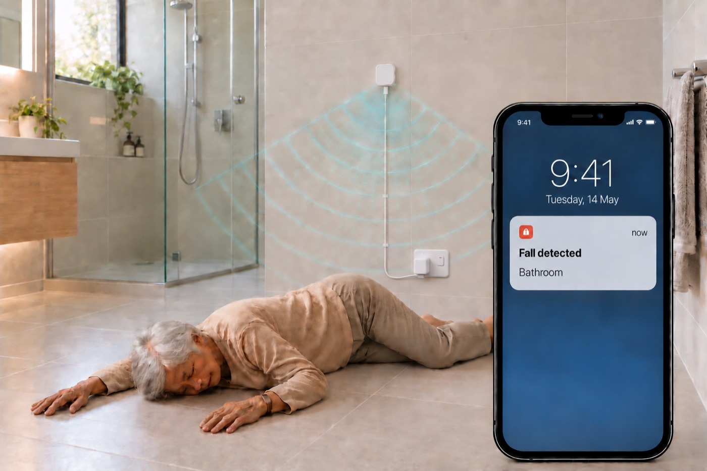 A 6Pulse sensor on a bathroom wall detects an older person who has fallen on the floor, and a phone shows the fall alert
